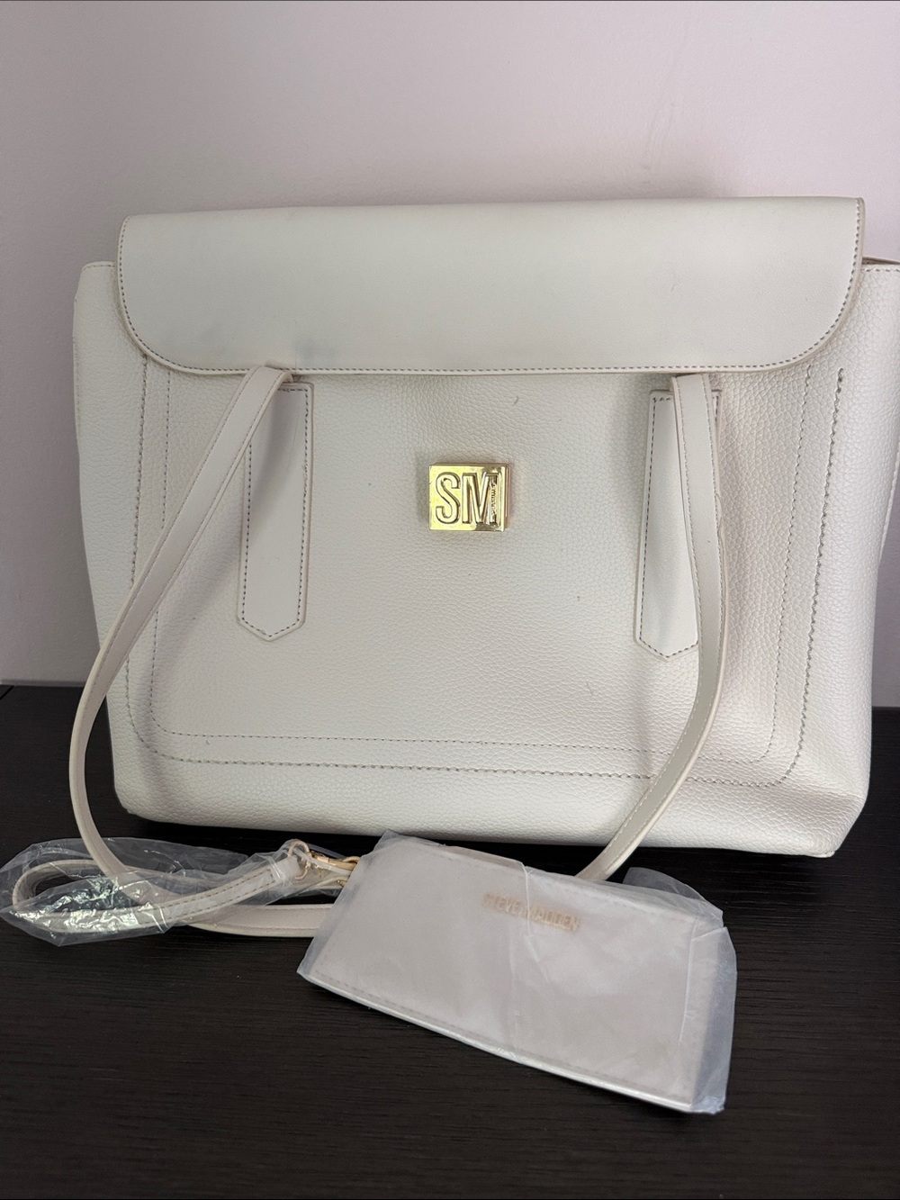 Steve Madden White Structured Shoulder Tote with Gold SM Plaque